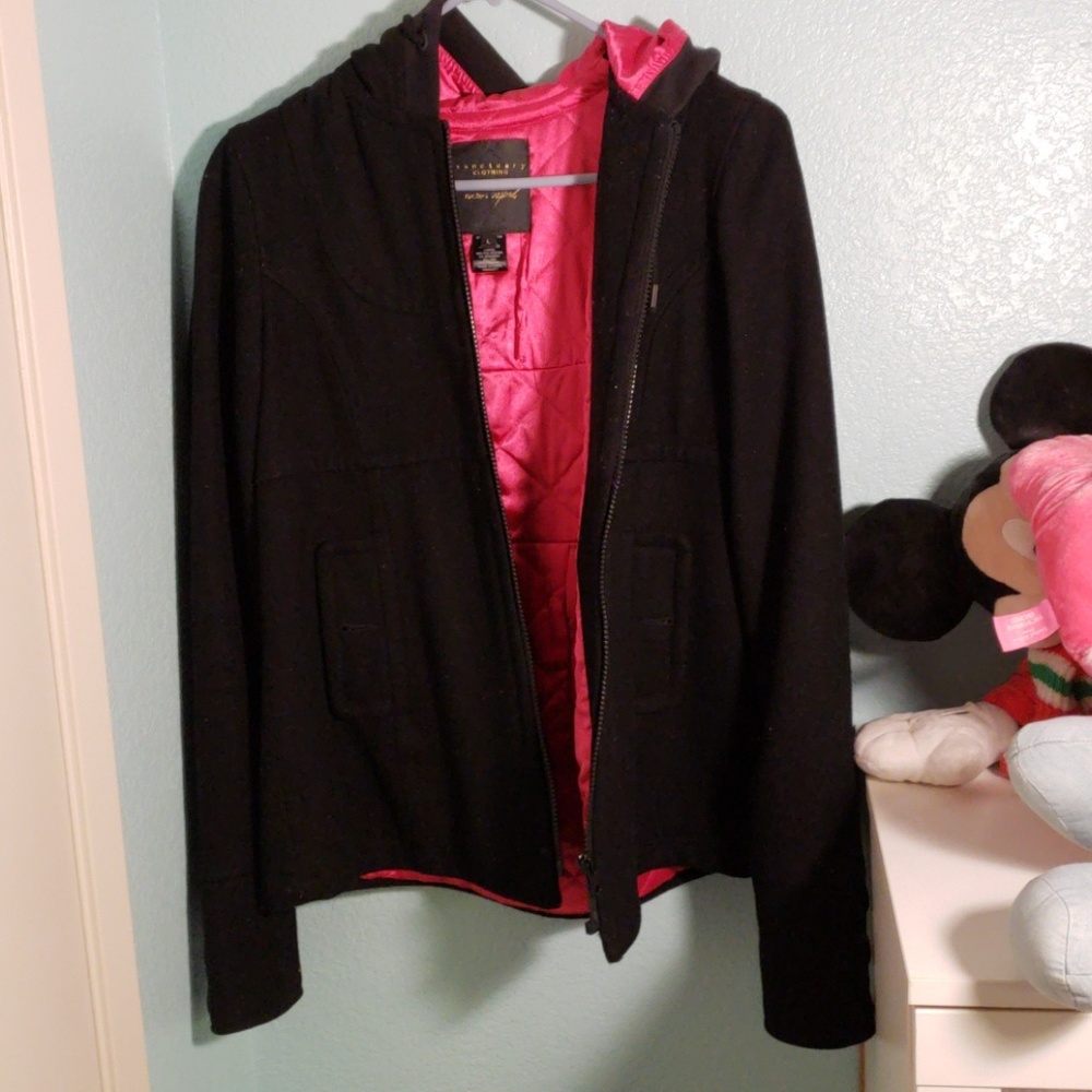 Black pea coat jacket with pink inside lining
